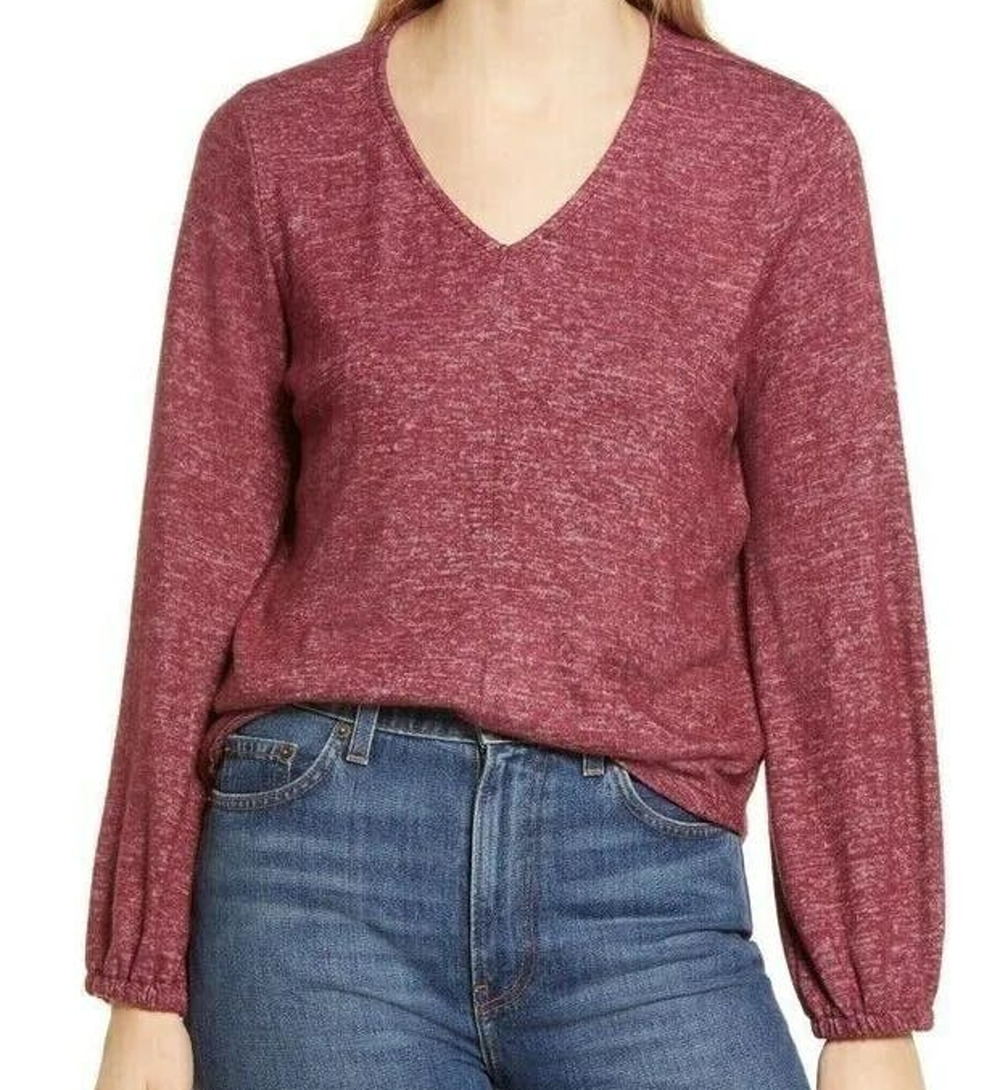 Bobeau Marled Babydoll V-Neck Pullover Top Size LARGE in Windsor Wine NWT